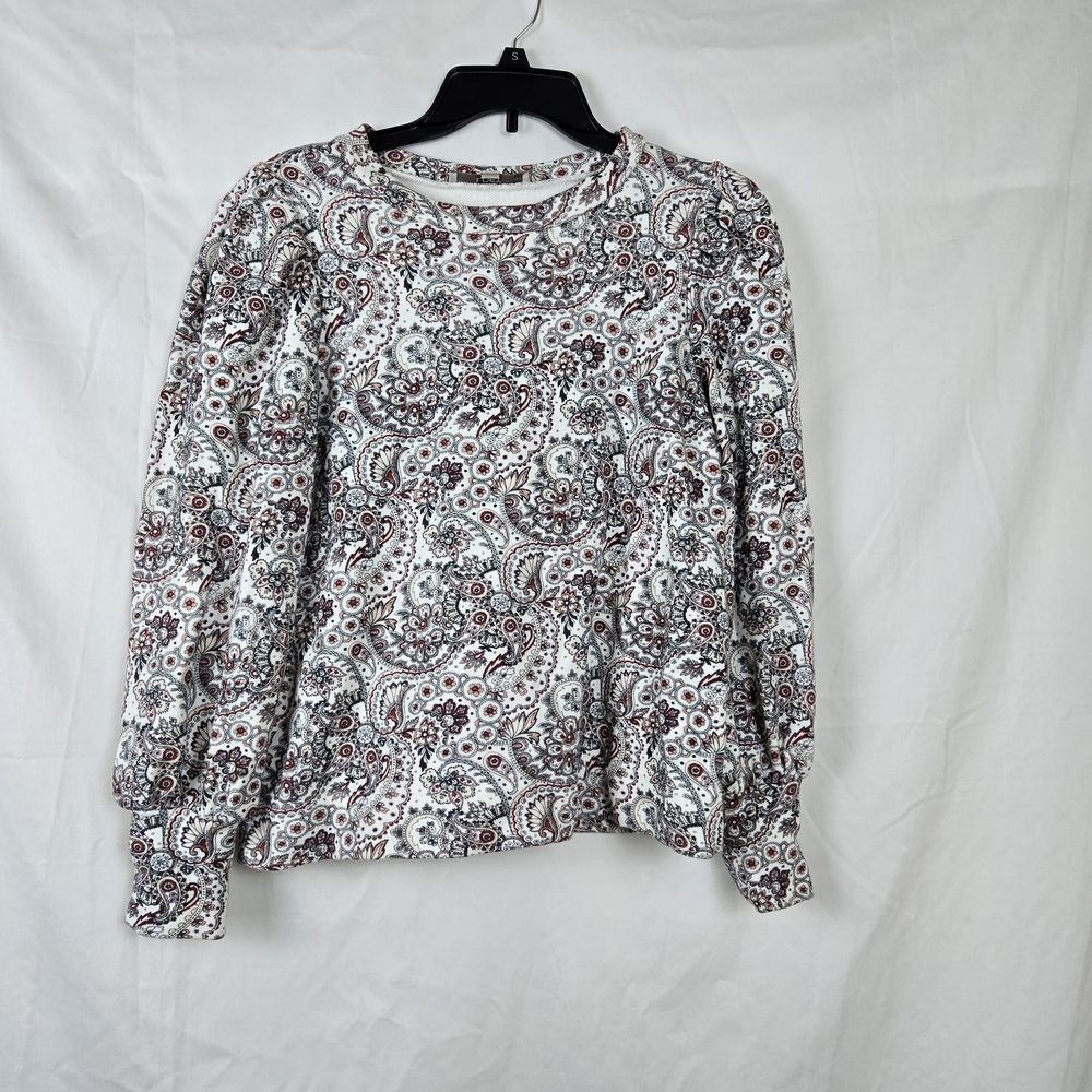 Loft Women's Red White Paisley Floral Long‎ Puff Sleeve Sweatshirt Medium Petite